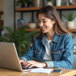 Jeune femme souriante effectuant un transfert d'argent sur son ordinateur