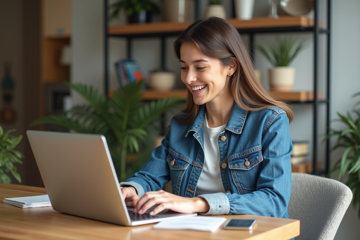 Jeune femme souriante effectuant un transfert d'argent sur son ordinateur