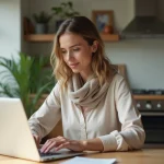 Femme concentrée travaillant sur un ordinateur dans une cuisine lumineuse