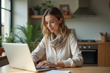 Femme concentrée travaillant sur un ordinateur dans une cuisine lumineuse