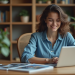 Jeune femme travaillant sur un ordinateur portable à la maison