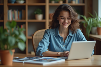 Jeune femme travaillant sur un ordinateur portable à la maison