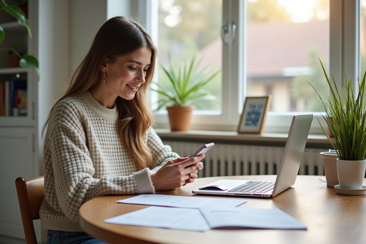 Jeune femme vérifiant ses factures dans un intérieur lumineux