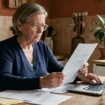 Femme vérifiant des documents de créances publiques à domicile pour éviter une arnaque