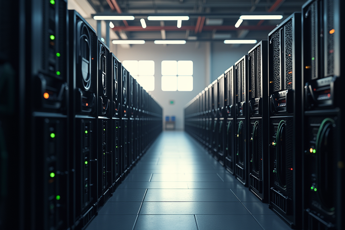 Lignes de Antminer S19 Pro dans une grande ferme minière