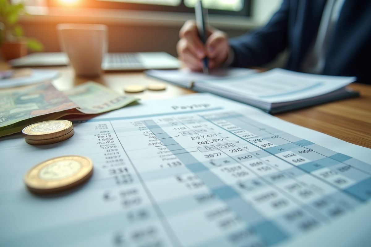 Fiche de paie avec monnaie et billets d'euros
