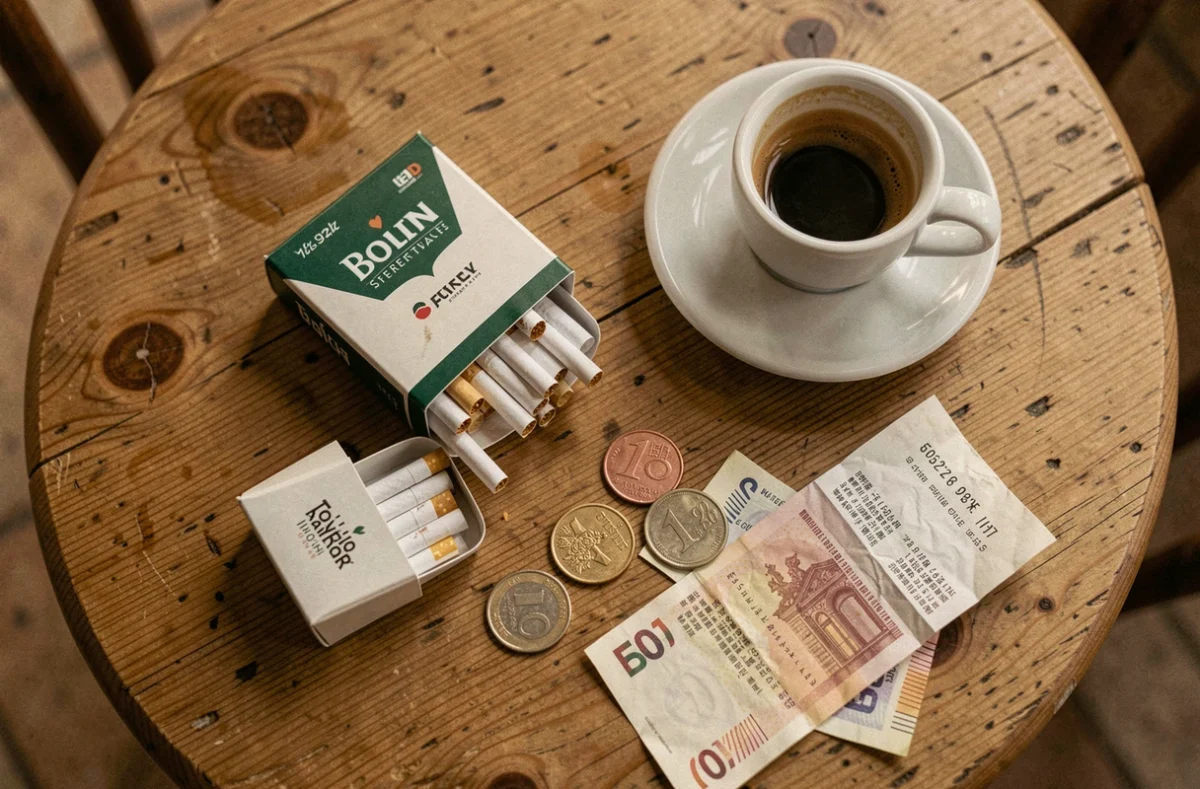 Vue de dessus d'un paquet de cigarettes posé sur une table de café espagnole avec des pièces d'euro et un reçu fiscal, symbolisant l'impact de la fiscalité sur le prix du tabac