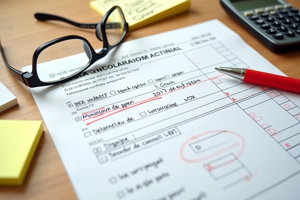 Vue aérienne d'un formulaire Cerfa 2042 RICI avec erreurs cerclées et outils de déclaration fiscale