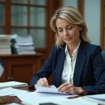 Fonctionnaire territoriale en bureau municipal examinant des documents liés à l'augmentation du point d'indice 2026
