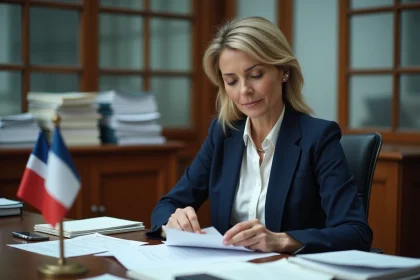 Fonctionnaire territoriale en bureau municipal examinant des documents liés à l'augmentation du point d'indice 2026