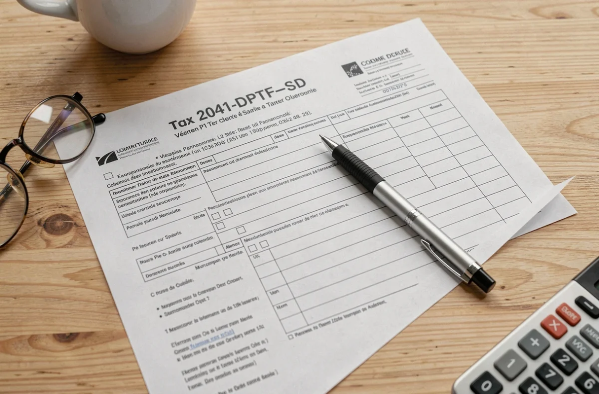 Gros plan du formulaire 2041-DPTF-SD posé sur une table avec stylo et calculatrice pour compléter la déclaration de taxe foncière