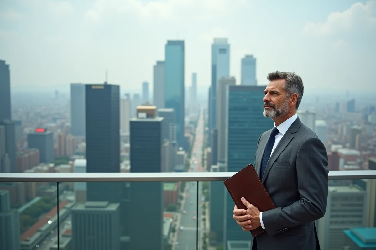 Entrepreneur en costume chic sur une terrasse urbaine contemplant la ville symbole de réussite financière et de carrière prospère