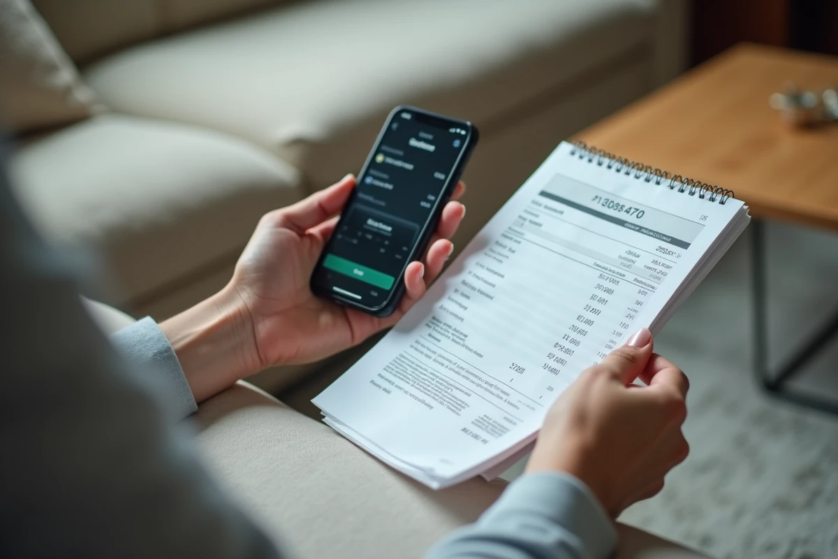 Gros plan sur un relevé bancaire papier et une application mobile montrant des dates de virement différentes