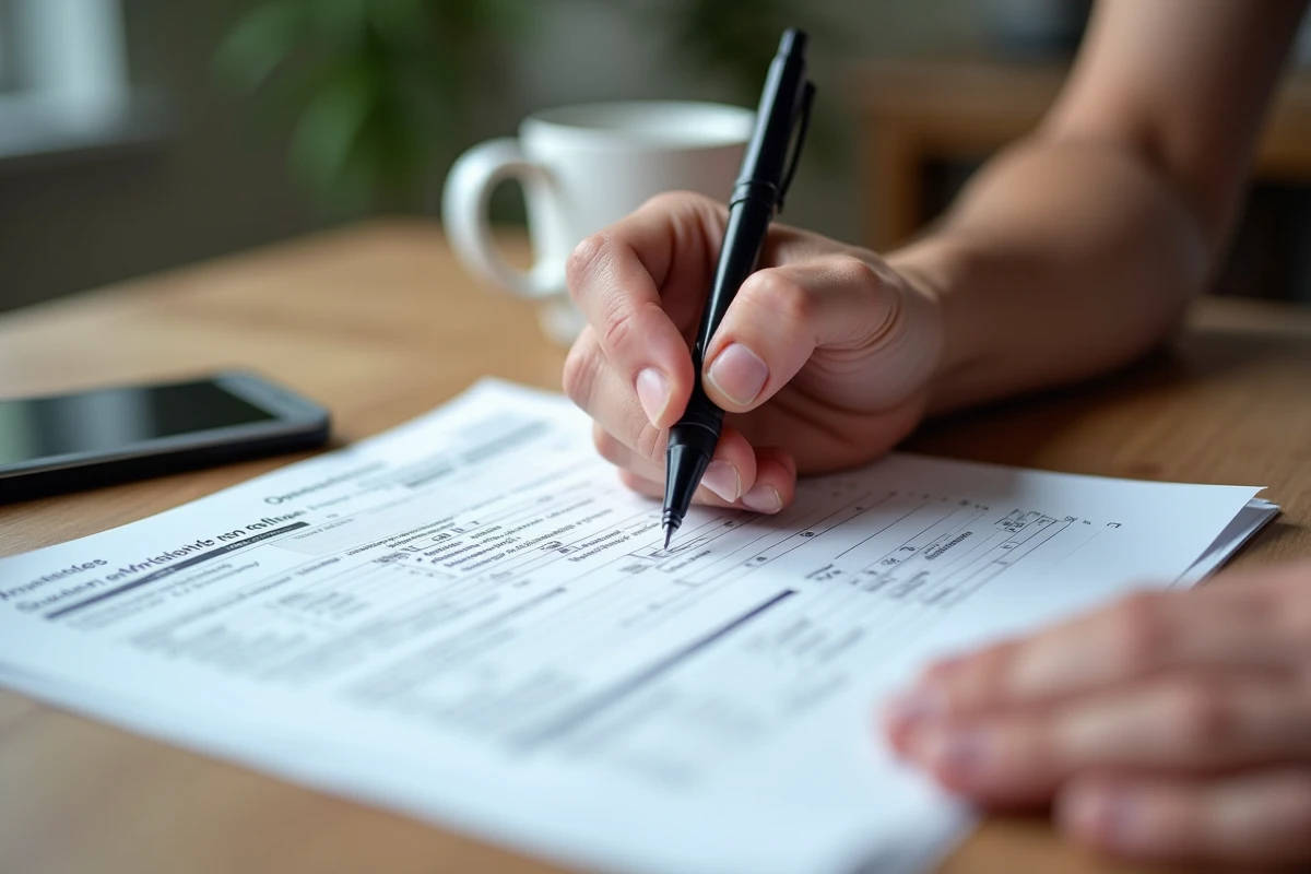 Gros plan sur des mains remplissant le formulaire cerfa 3916 bis avec un stylo sur une table en bois