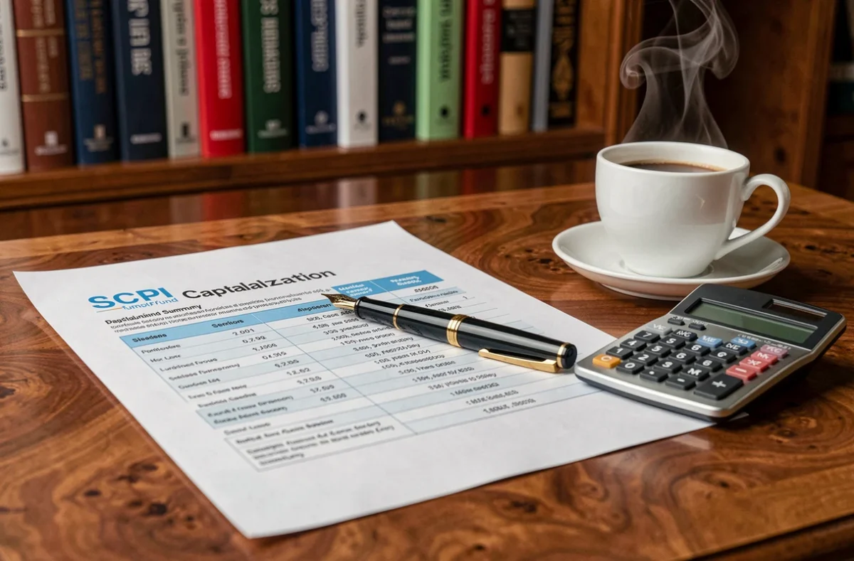 Gros plan sur un prospectus de SCPI ouvert avec stylo et calculatrice sur un bureau en bois, illustrant l'analyse de la capitalisation