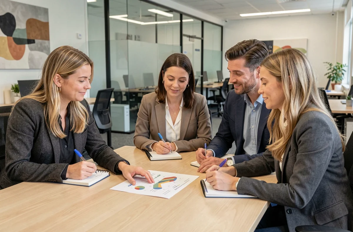 Groupe de collègues discutant des stratégies pour cumuler l'ARE avec un salaire et optimiser leurs revenus professionnels