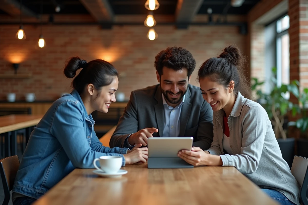 Groupe de jeunes salariés explorant ensemble une solution d'épargne salariale sur une tablette dans un espace de travail collaboratif