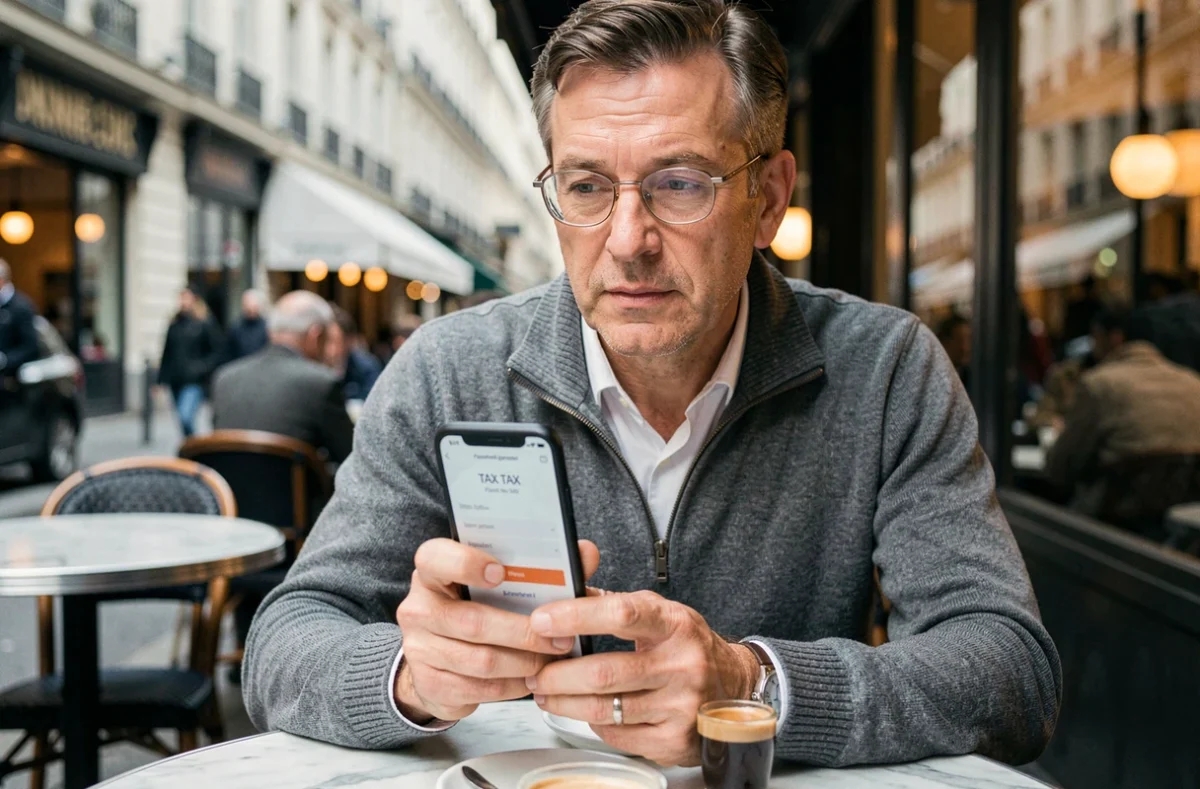 Homme accédant à son compte fiscal particulier sur smartphone dans un café parisien