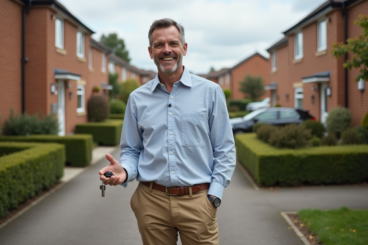 Homme souriant avec clés devant maison rénovée
