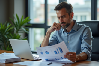 Homme d'affaires analysant des documents financiers dans un bureau moderne