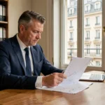 Un homme d'affaires en costume marine analyse des documents financiers liés aux SCPI dans un bureau parisien moderne
