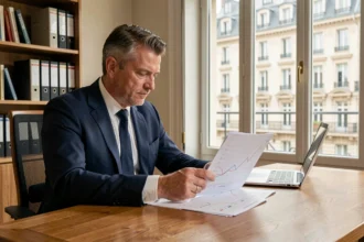 Un homme d'affaires en costume marine analyse des documents financiers liés aux SCPI dans un bureau parisien moderne