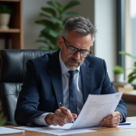 Homme d'affaires en costume bleu examine un relevé bancaire