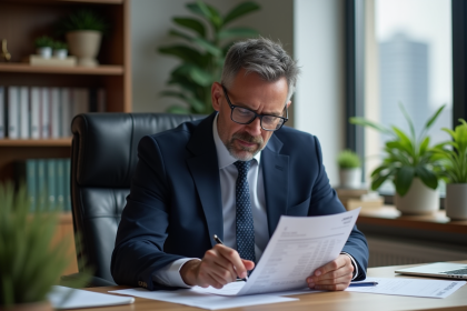 Homme d'affaires en costume bleu examine un relevé bancaire