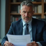 Homme d'affaires en costume navy tenant des documents importants