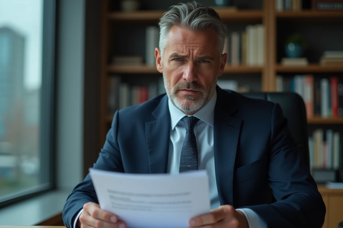 Homme d'affaires en costume navy tenant des documents importants