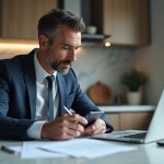 Homme d'affaires en costume dans une cuisine moderne