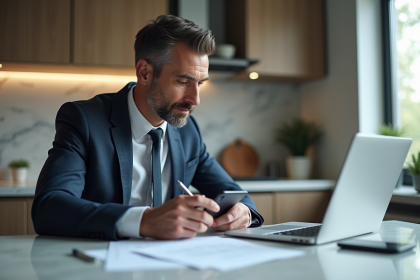 Homme d'affaires en costume dans une cuisine moderne