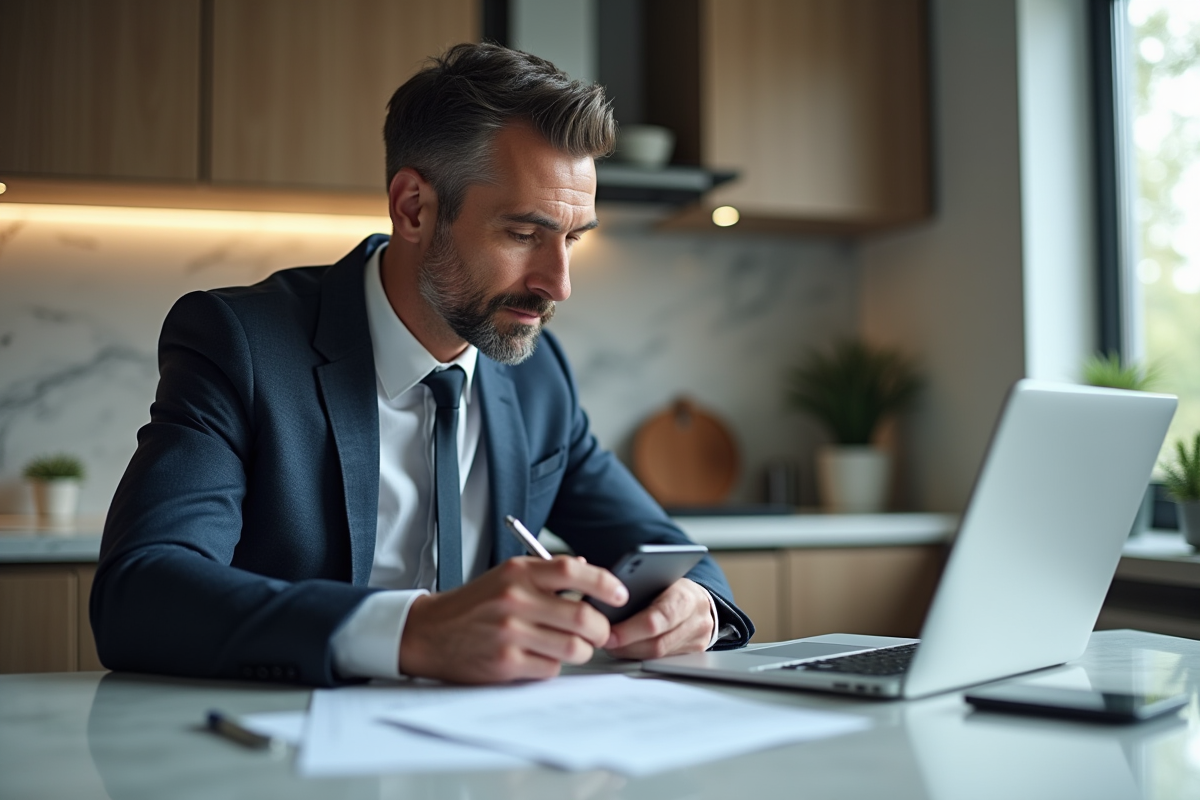 Homme d'affaires en costume dans une cuisine moderne