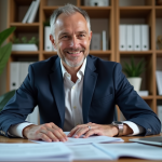 Homme d'affaires en costume navy dans un bureau lumineux
