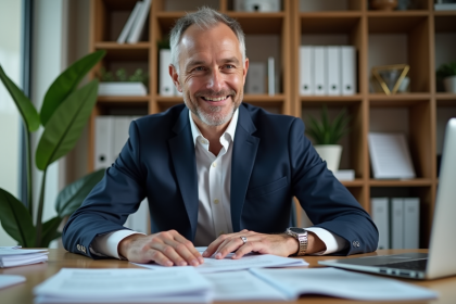 Homme d'affaires en costume navy dans un bureau lumineux