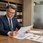 Homme en costume analysant des documents financiers liés aux SCPI dans un bureau professionnel