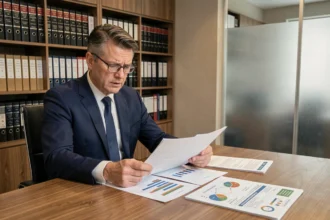 Homme en costume analysant des documents financiers liés aux SCPI dans un bureau professionnel