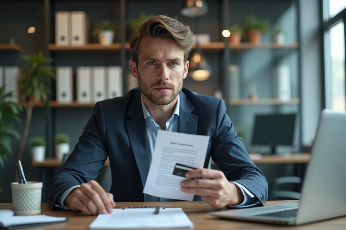 Jeune homme professionnel tenant une carte bancaire dans un bureau