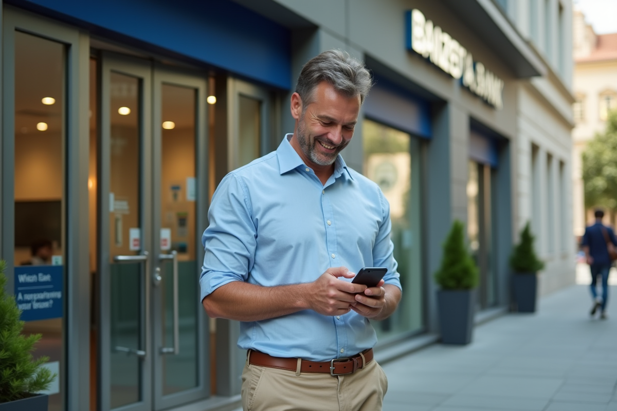Homme souriant vérifie les taux de prêt en ligne devant banque