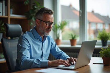 Homme d'âge moyen travaillant sur son ordinateur dans un bureau moderne
