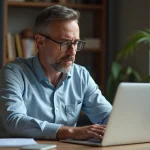 Homme d'âge moyen travaillant sur son ordinateur dans un bureau moderne