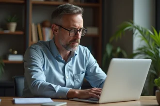 Homme d'âge moyen travaillant sur son ordinateur dans un bureau moderne