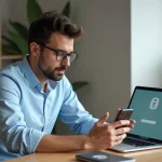 Homme en bureau avec smartphone et ordinateur