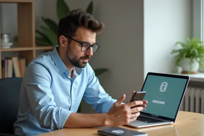 Homme en bureau avec smartphone et ordinateur