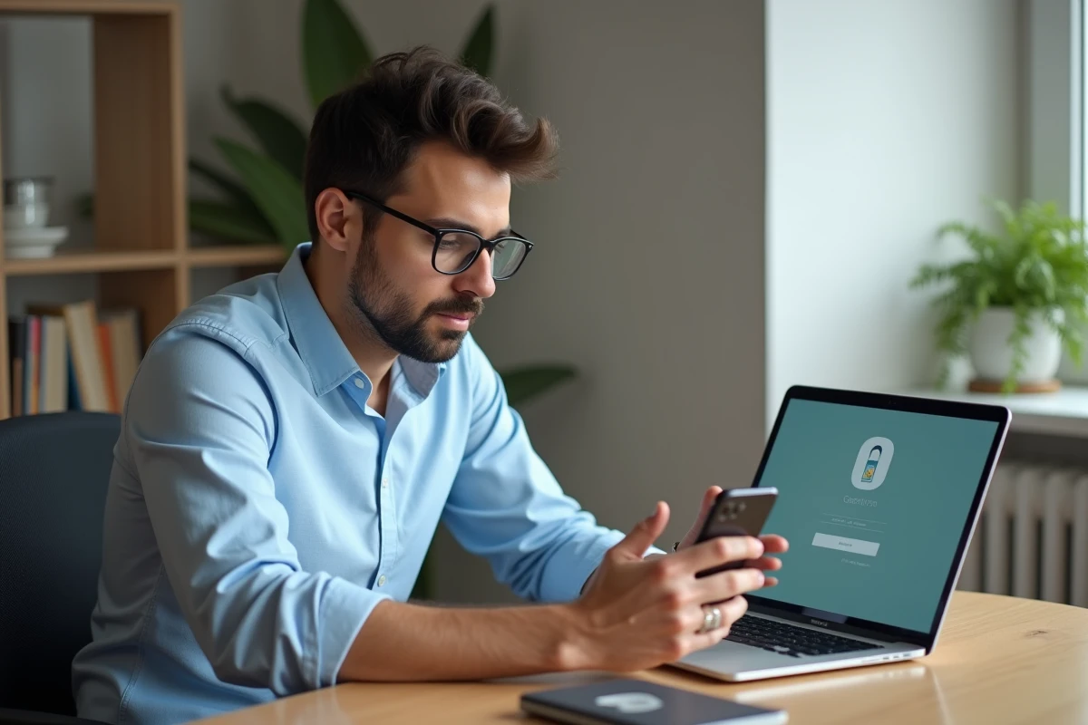 Homme en bureau avec smartphone et ordinateur