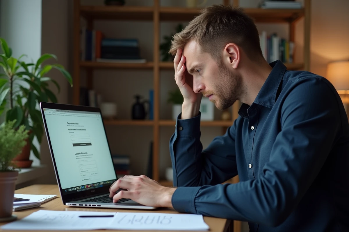 Homme consultant le site Cetelem pour trouver un numéro de téléphone joignable