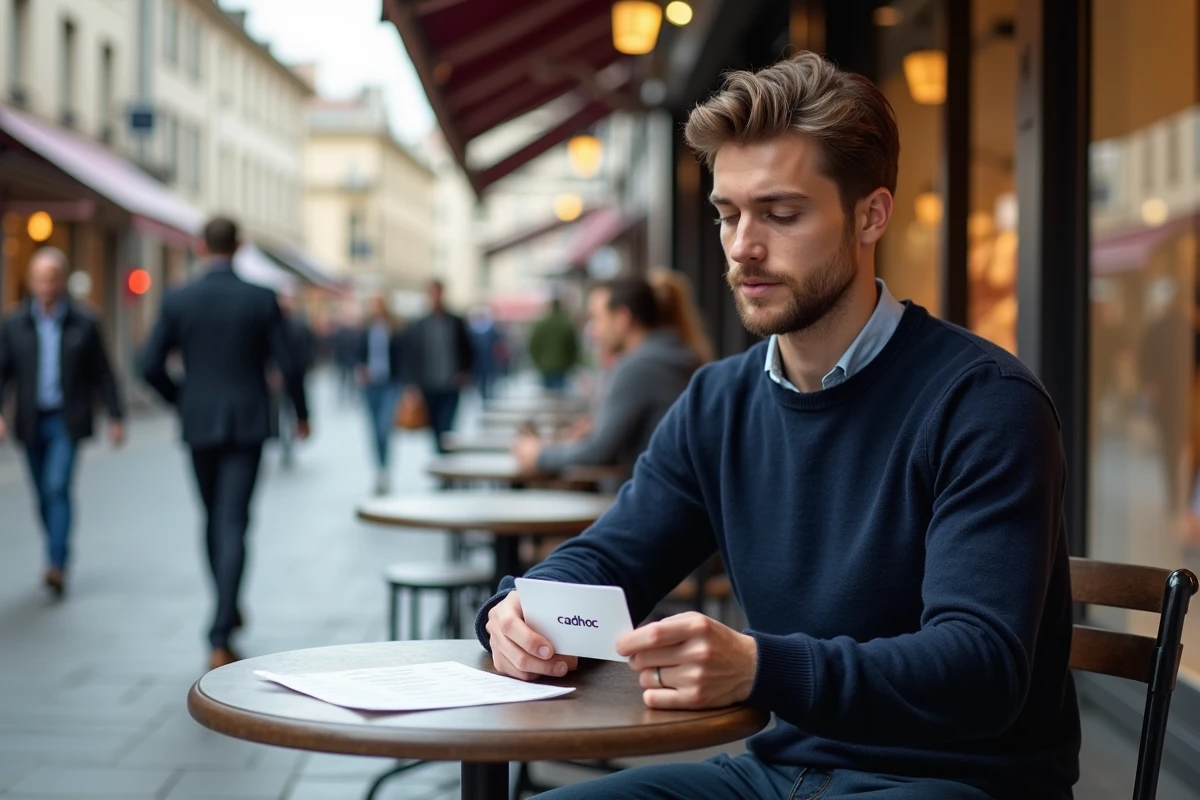 Jeune homme au café examinant une carte cadeau Cadhoc en ville