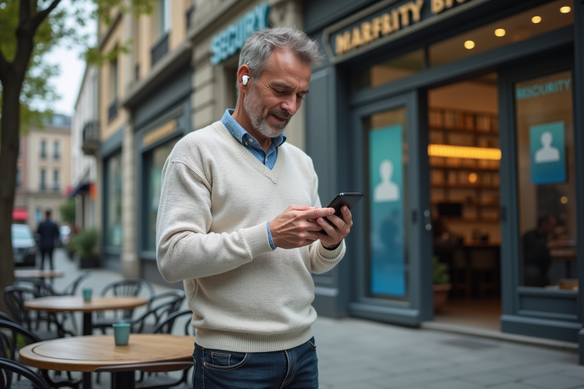 Homme décontracté utilisant son smartphone dans un café urbain