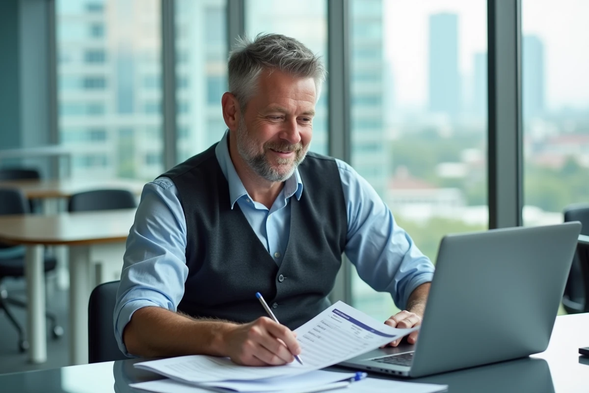 Homme d âge moyen utilisant un simulateur de salaire au coworking