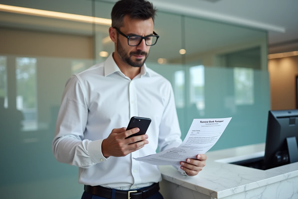 Homme comparant un virement bancaire classique et un virement PayPal au comptoir d'une banque